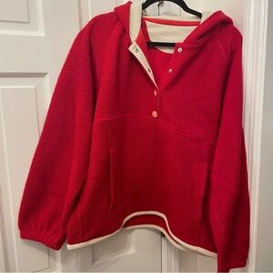 Outdoor Voices Red Sherpa Hoodie with Cream Trim Accents